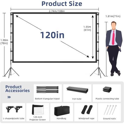 Projector Screen Outdoor, Vamvo Projector Screen with Stand Portable 120 Foldable ProjectorScreen, 10 Feet Indoor Movie-Screen with Carrying Bag for Home Theater Backyard Movie Night