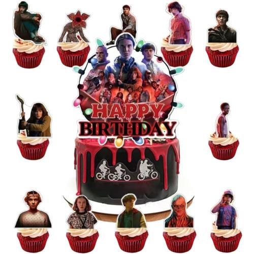 13 Pcs Stranger TV Cake Decorations with 12pcs Cupcake Toppers, 1pcs Happy Birthday Cake Topper, Perfect for Theme Party and Birthday Celebrations