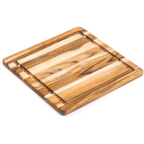 Cutting Board With Juice Canal - Square Teak Wood Serving Board (12 x 12 x .55 in.) - By Teakhaus