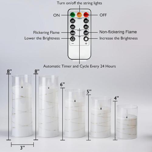 Homemory Pure White Flameless Candles with Embedded Star String Fairy Lights, Battery Operated Candle, LED Candles, Fake Candles with Remote Control and Timer, Set of 5(H4 5 6 8 8)