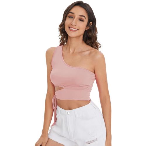 Size M Verdusa Women's One Shoulder Tie Knot Side Sleeveless Solid Tank Crop Top Pink Solid