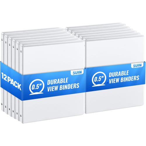 SUIN Bulk 12 Pack 0.5-inch 3 Ring Binders -Durable 1/2'' Binders with Roung Ring Binder, Large 100 Sheet Capacity, Fit 8.5 x 11 US Letter Size Paper, White (0.5'' White - 12 Packs)