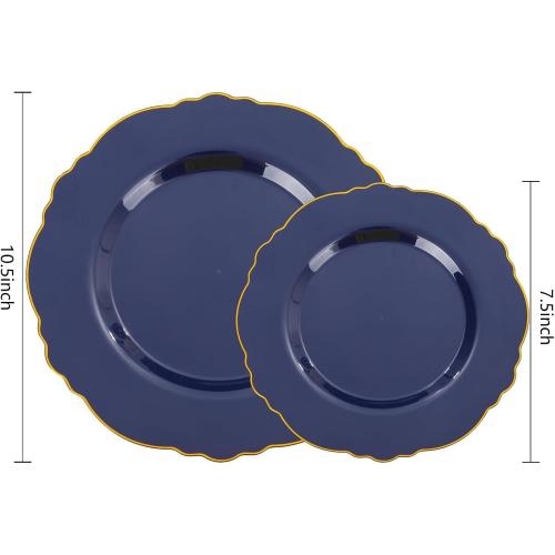 WDF 100pcs Blue Plastic Plates - Baroque Blue&Gold Disposable Plates for Parties/Wedding-50Plastic Dinner Plates 10.25in, 50Salad Plates 7.5in for Party/Birthday/Wedding/Passover