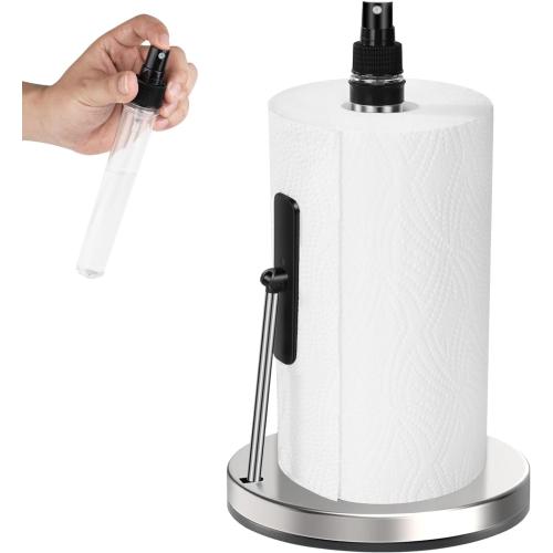 DAWNER Standing Paper Towel Holder with Spray Bottle, Weighted Base with Suction Cups, Paper Towel Stand with Spring-Loaded Arm for Kitchen, Countertop, Stainless Steel Brushed Nickel Finish