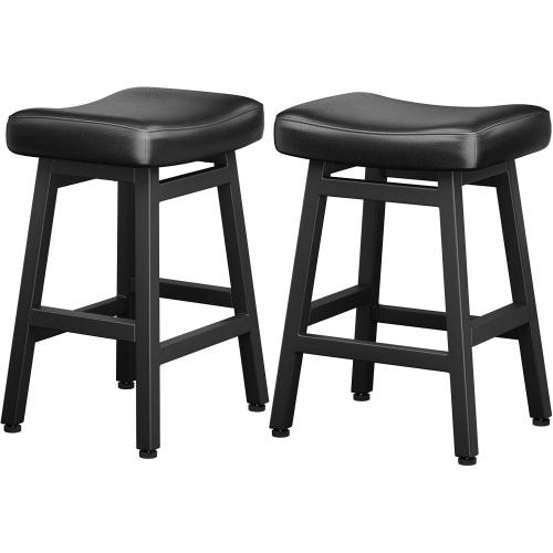 Raynesys 24 Inche Bonded Leather Counter Height Bar Stools Set of 2 Curved | Barstools with Curved Bonded Leather Seats & Heavy Duty Metal Legs for Kitchen Counter, Easy Assembly, All Black