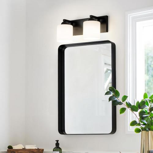 mirrea 2-Light Black Bathroom Vanity Light with White Glass Shades | Over Mirror,Wall Sconce,ETL listed,Bathroom Lighting Fixtures,Elegant Design,Milk White Glass Shade,Easy Installation