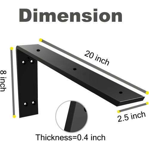 WINKER Countertop Support Bracket 2 Pack Heavy Duty 3/8 Thick Hidden L Shelf Bracket 20 x 8 x 2.5 Metal Corbels for Quartz/Granite/Wood/Concrete/Laminate Countertops, Black (7 Hole)