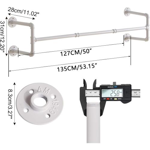 IBUYKE Industrial Pipe Clothes Rack, 50 Inch Wall Mounted Clothing Rack, Space-Saving Hanging Closet Rod, Heavy Duty Multi-Purpose Garment Rack for Closet and Laundry Room(4 Bases), White TYJ002W