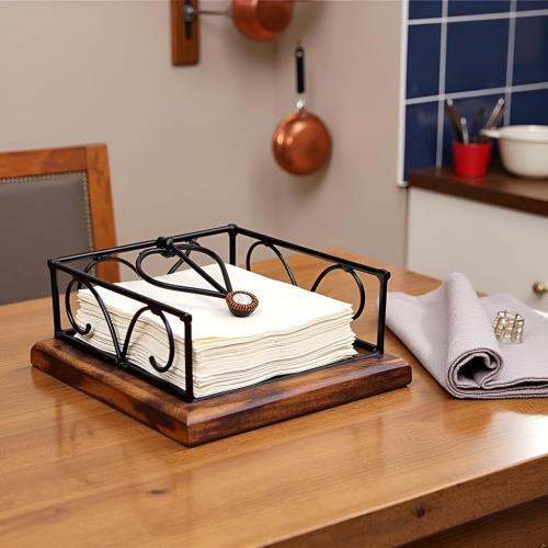 Square Wooden Napkin holder for table Tissue Paper Holder for Dining Table wooden napkin holders for paper napkins Tissue Rack for Facial Napkins(Iron with wood)