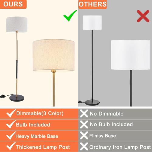 Mid Century Modern Floor Lamp for Living Room Tall Standing Lamp 3 Color Temperatures Corner Floor Lamps with Linen Shade & Marble Base Reading Light for Bedroom Office Lighting
