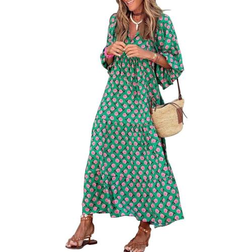 Size XL Green Ahaji Womens Loose Fit Casual Summer V Neck Half Sleeve Bohemian Geometric Pattern Maxi Long Dresses