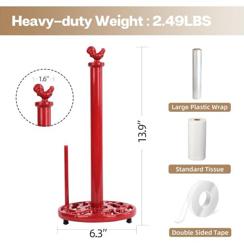 Vintage Rooster Paper Towel Holder - Easy One Handed Tear Cast Iron Roll Paper Towel Dispenser Countertop, Red