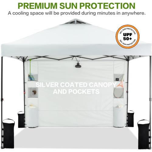 10'x10' Pop Up Canopy Tent with 1 Sidewall and 6 Pockets, One Push Setup, Instant Shade Tent with Vented Roof for Beach Patio Outdoor, Case, 8 Stakes, 4 Ropes, 4 Sandbags (White)