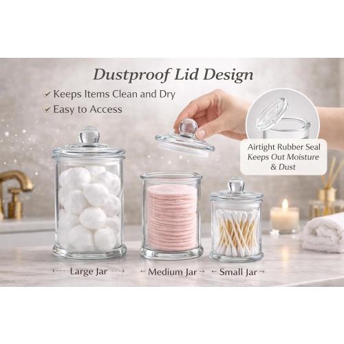 KMWARES 3PCs Set Small Mini Clear Glass Premium Quality Apothecary Jars/Bathroom Storage/Vanity Organizer Canisters for Cotton Balls/Swabs, Makeup Sponges, Bath Salts, Q-Tips (3Jar)