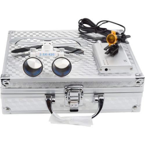 EustomA 2.5X Binocular Loupes Optical Glasses  3W LED Headlight Lamp with Filter   Aluminum Box Silver