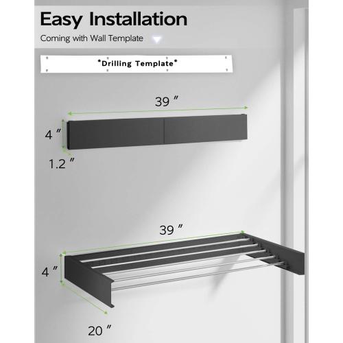 Vikaqi Wall Mounted Clothes Drying Rack 40, Foldable Wall Mount Laundry Rack Folding Indoor, Drying Rack Clothing Collapsible, Hidden Space Saver with Wall Template, 6 Rods, Black