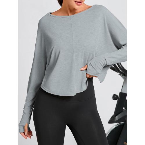 Size M... Womens Long Sleeve Workout Tops Athletic Shirts Cropped Crossover Back Loose Running Gym Tee with Thumb Holes