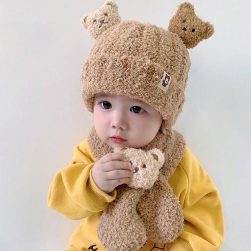 Kids Toddlers Winter Warm Cartoon Plush Hat with Scarf Hoodie Earflap Hat 2 in 1 Set Scarf Shawl Wraps Mittens (Khaki)