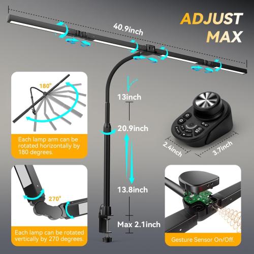 Adjustable LED Desk Lamp – Stepless Dimming & Color Temp Remote Control, Eye-Caring 4 Large Bright Light Souce for Home Office, Flexible Neck, Clamp Base, 5 Lighting Modes for Reading, Computer, DIY