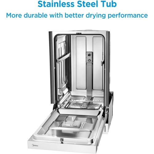 Midea MDF18A1AWW Built-in Dishwasher with 8 Place Settings, 6 Washing Programs, Stainless Steel Tub, Heated Dry, Energy Star, White