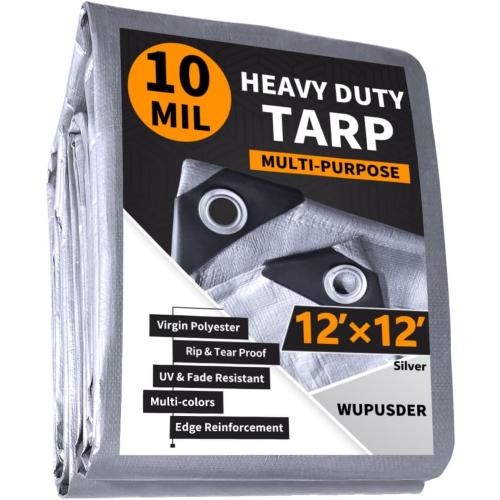 Lost Woods Premium Silver 12'x12' Heavy Duty Tarp, 12 Mil Silver Waterproof Tarps with Grommets, UV Resistant, Poly Tarpaulin with Reinforced Edges, Cover for Car, Roof, Camping