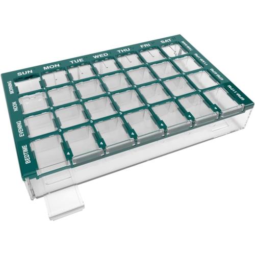 Pill Organizer Weekly (7-Day), Medicine Planner, Vitamin Case/Box, Medium Compartments with Easy Fill Tray, 4 Times a Day, Easy to Use Containers, Clear Lids, Green, BPA Free