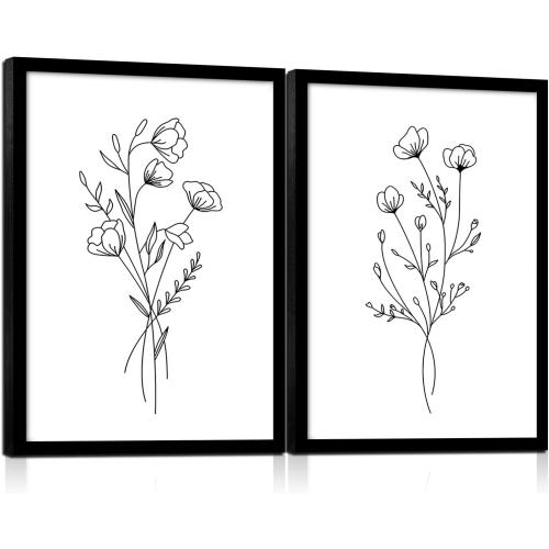 Framed Set of Two Canvas Wall Art Simple Botanical Line Print Black and White Floral Poster Modern Gallery Print for Living Room or Bedroom Wall Decor 12x16 Inch