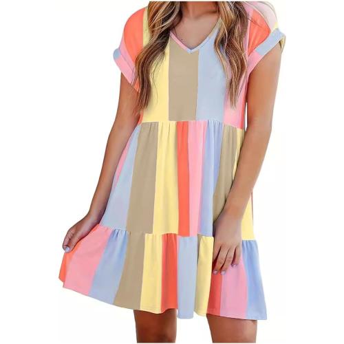 Size XL Color multi Womens Summer Multicolor V Neck Short Sleeves Casual Babydoll Knee-Length Dress Color Block Stripes Tiered Swing Mini Dresses