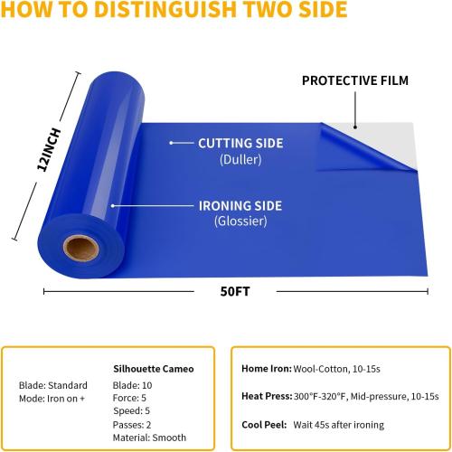 VinylRus Heat Transfer Vinyl-12 x 50ft Royal Blue Iron on Vinyl Roll for Shirts, HTV Vinyl for Silhouette Cameo, Easy to Cut & Weed