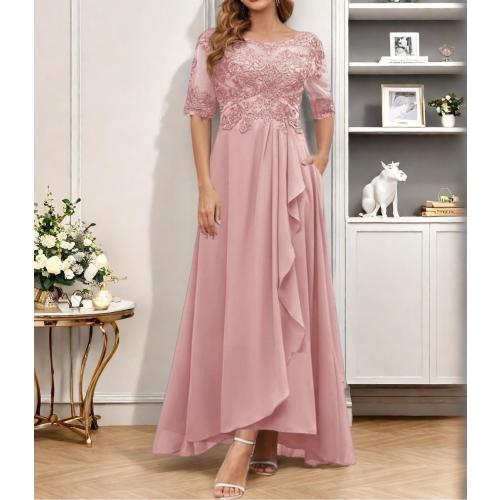 Size L Women's Half Sleeves Mother of The Bride Dresses for Wedding Lace Appliques Ruffled Chiffon Formal Evening Gowns