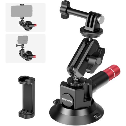 Neewer 3 Suction Cup Camera Mount Bracket with Ball Head Magic Arm, 1/4 ARRI Holes, Quick Release Car Mount with Phone Holder & Action Cam Adapter Compatible with iPhone DJI Insta360, CA104