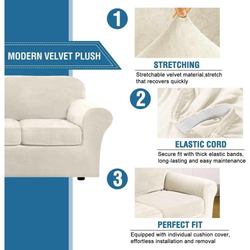 H.VERSAILTEX Real Velvet Plush 3 Piece Stretch Sofa Covers Couch Covers for 2 Cushion Couch Sofa Slipcovers Width Up to 90 Inch Feature Thick Soft Stay in Place (Large Sofa, Ivory)