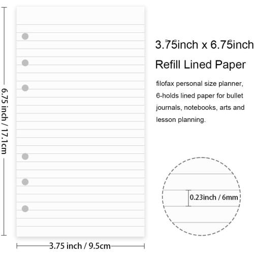 200 Sheets A6 Lined Paper for Filofax Personal Binder Planner, White 100gsm Ruled Pages, 6 Hole Punched, 3.75 x 6.75 Inch
