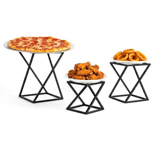 MyGift Pizza Racks, Set of 3 Food Risers for Buffet Table, Twisting Geometric Matte Black Metal Stackable Pizza Risers for Party, Family, Wedding
