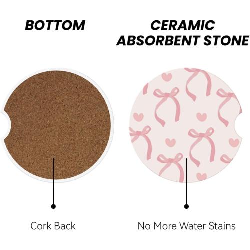 Pink Bow Love Heart Car Cup Holder Coaster 2 Pack Absorbent Ceramic Car Coasters for Cup Holders Car Accessories Interior for Women Men Universal Anti Slip Cork Base Cup Coasters with Finger Notch