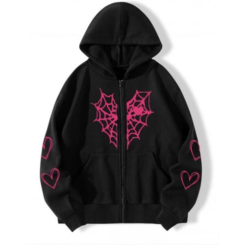 Oversized Y2K Zip Up Hoodie for Women Men Gothic Spider Web Heart Graphic Sweatshirt Punk Harajuku Alt Emo Streetwear large