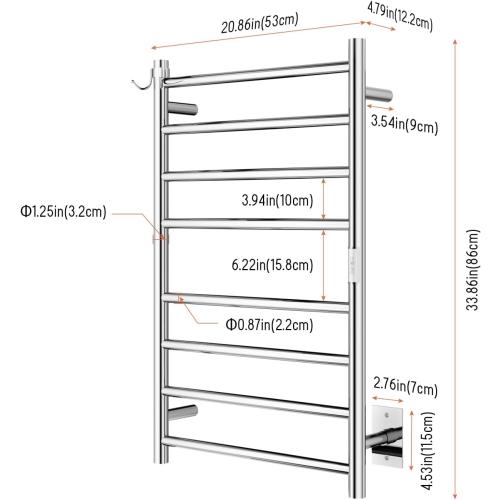 Wall Mounted Towel Warmer 8 Bars with Plug-in and Hardwired Options 3 Working Modes Mirror Polished Stainless Steel 21”W 34”H
