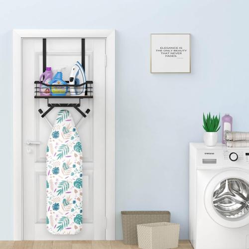 Ironing Board Holder Wall Mount - Laundry Room Organization and Ironing Board Holder Laundry Room Iron and Storage with Large Storage Wooden Base Basket and Removable Hooks(T&V Shaped)
