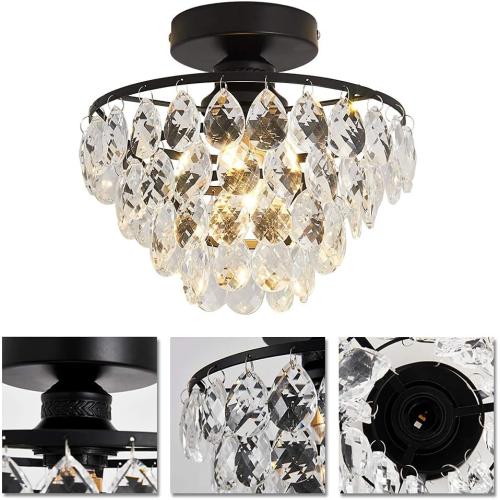 YYJLX Modern Small Crystal Ceiling Light Fixture Mini Black Semi Flush Mount Chandelier Light Fixture for Hallway Bedroom Bathroom Closet e26