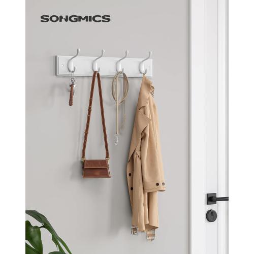 SONGMICS Wall-Mounted Coat Rack, Hook Rack, 4 Dual Metal Hooks, for Coats, Bags, Keys, in the Entryway, Bedroom, Living Room, White ULHR23WT