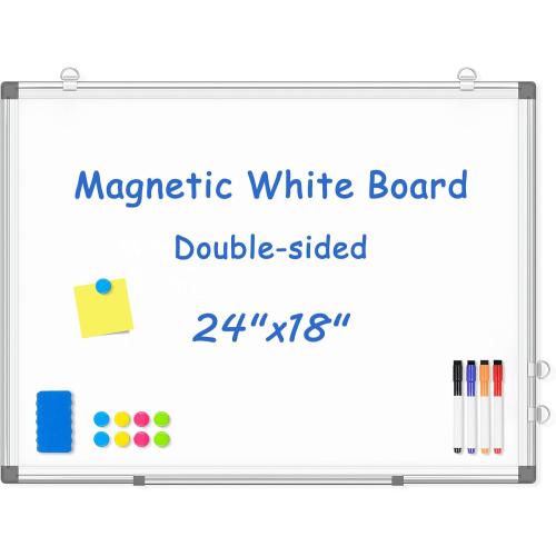 WALGLASS Double-Sided White Board, 24 x 18 Dry Erase Board Magnetic Whiteboard for Wall, Hanging Mounted Whiteboard Silver Aluminium Frame for Home, School, Office, Kitchen