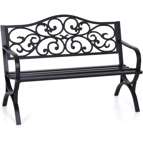MFSTUDIO 50 Inches Outdoor Garden Bench, Cast Iron Metal Frame Patio Park Bench with Floral Pattern Backrest, Arch Legs for Porch Lawn Garden Yard(Black)
