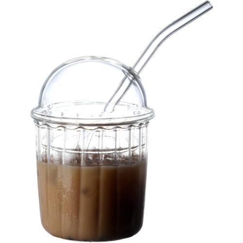 2 Pack....Cute Drinking Glasses with Dome Lid and Straw, Reusable Wide Mouth Smoothie Cups 15oz Glass Coffee Iced Cup Tumbler Glass Bubble Tea Cup for Coke Soda Home Office Bar((White)