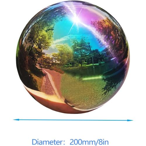 Rainbow Gazing Globe Mirror Ball in Stainless Steel, Shiny Hollow Sphere Sparkling Housewarming Outdoor Ornament (8 Inch)