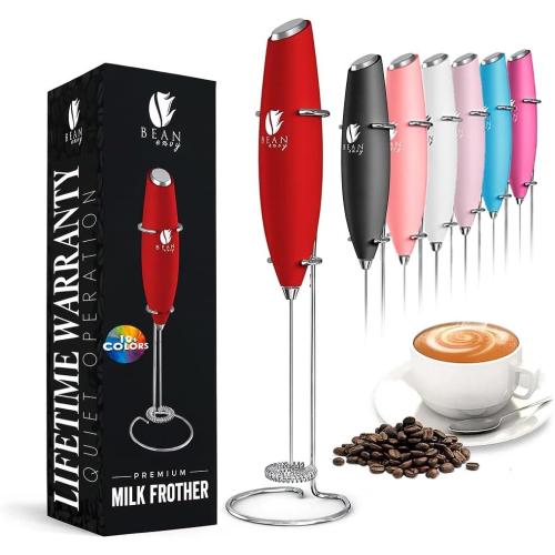 Bean Envy Milk Frother Handheld for Coffee - Electric Hand Blender, Mini Drink Mixer Whisk & Coffee Foamer Wand with Stand for Lattes, Cappuccino, Matcha and Hot Chocolate - Kitchen Gifts - Red