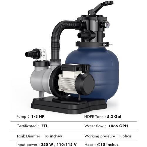 BLUBERY 13 Sand Filter with 1/3HP Pump System, Handy 7-Way Valve for Above Ground Pools with Prefilter Pool Pump, 115V, 23FT Cord for Easy Installation, GSF01A