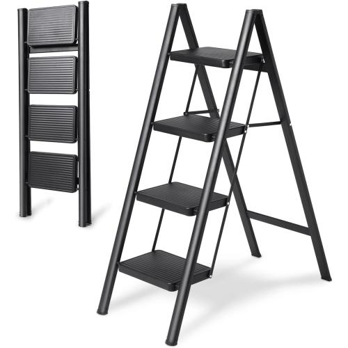 4 Step Ladder Folding Step Stool, Heavy Duty 330 Lbs Load Step Ladders for Home, Tall Kitchen/Closet Stepladder for Adults, Black Small & Lightweight Ladder with Anti-Slip Wide Pedals by OOSOFITT
