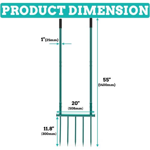 Broad Fork Garden Tool, 5 Tines 20 in Broadfork Hand Tiller, 55 inch Heigh Pitch Fork, Ergonomic U-Shaped Design, Spading Digging Fork for Gardening, Cultivating, Aerate Clay Soil for Farm