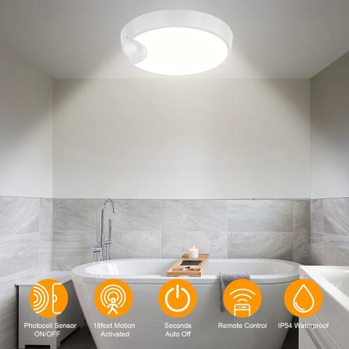 WHITE 7.8in DEEPLITE Battery Ceiling Light Motion Sensor Rechargeable Wireless Shower Light with Remote,5500K 8000mAh,Timing, Motion Activated Overhead Lighting for Closet Bathroom Hallway Porch