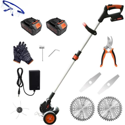 Weed Wacker Eater Cordless Battery Powered Electric Edger Lawn Tool Trimmer String Cordless Whacker Operated Grass Edger Cutter Black-Orange *2 Battery
